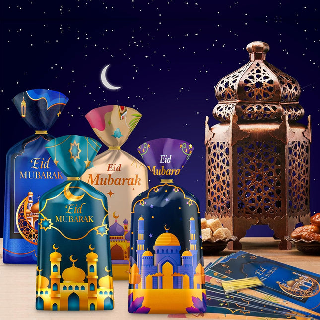 100PCS Ramadan Goodie Bags Eid Mubarak Gift Bags with Gold Twist Ties