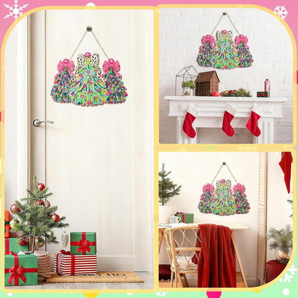 Pink Christmas Tree Door Sign – Wooden Welcome Wreath with Bows Decor