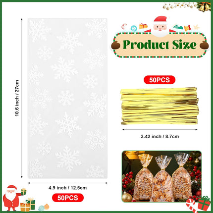 50PCS Holiday Party Treat Bags – Clear Snowflake Candy & Cookie Bags