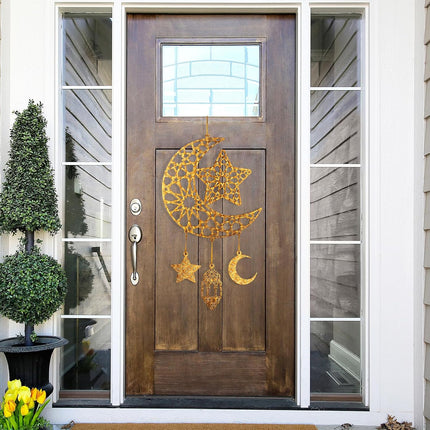 2PCS Eid Mubarak Wooden Door Signs Hollow Moon & Stars Ramadan Decor