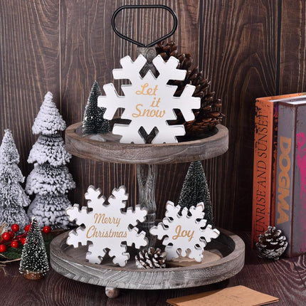 3-Pack Wooden Snowflake Signs – White Merry Christmas Table & Home Decor