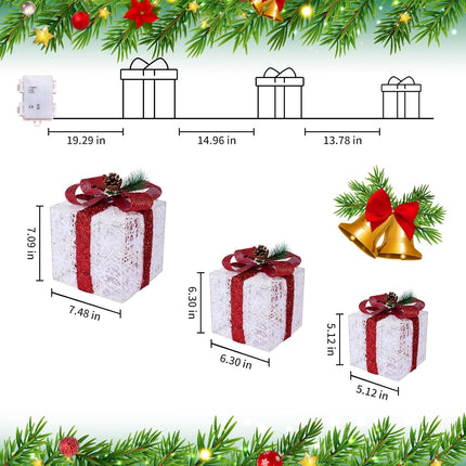 3PCS Christmas Lighted Gift Boxes – Battery Operated with Warm White LED Lights