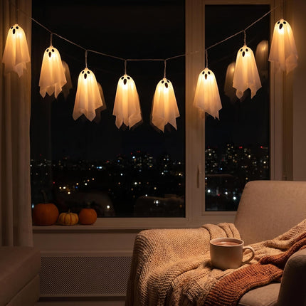 10-Piece Light-Up Hanging Ghost Ornaments, Glowing Indoor Outdoor Halloween Decor