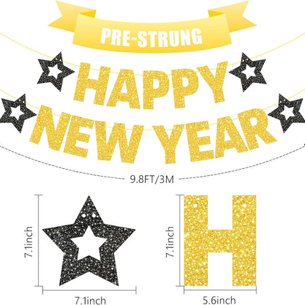 Happy New Year 2026 Banner Gold Glitter Eve Party Holiday Decor Sign