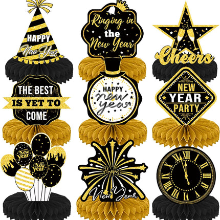 9-Piece Black & Gold New Year Eve Table Decorations – Party Centerpieces