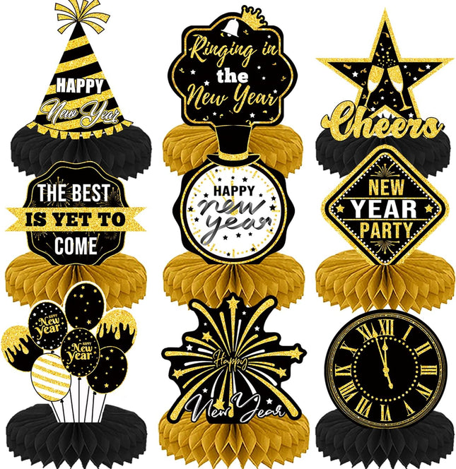 9-Piece Black & Gold New Year Eve Table Decorations – Party Centerpieces