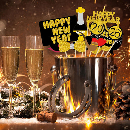 20-Piece Happy New Year 2026 Photo Booth Props – Black & Gold Set
