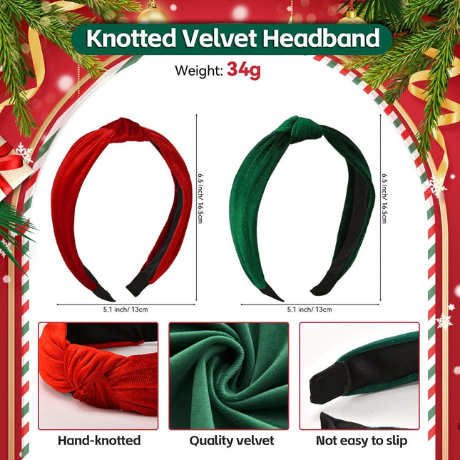2PCS Velvet Knotted Christmas Headbands – Red & Green Holiday Hairbands