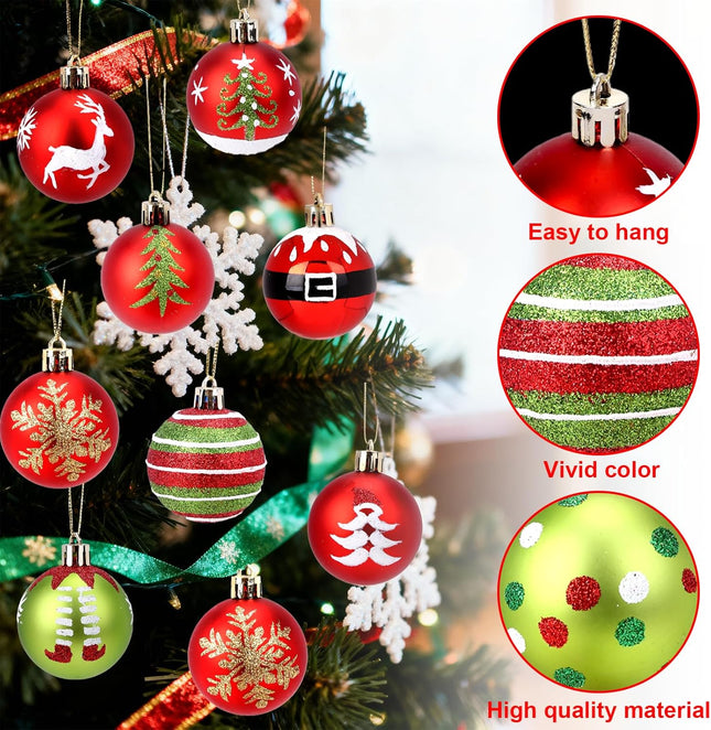 24-Pcs Christmas Ball Ornaments – Red & Green Glitter Baubles for Tree Decor