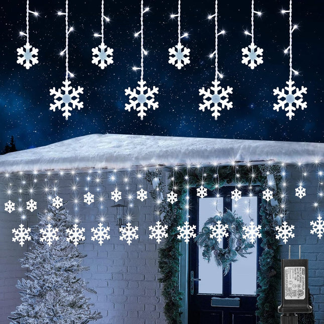 Christmas Snowflake Icicle Lights, 17.22ft 264 LED with 22 Drops & 8 Modes, Outdoor Connectable Plug