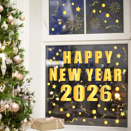 Happy New Year 2026 Window Decals – 6-Pc Gold Foil Party Decorations