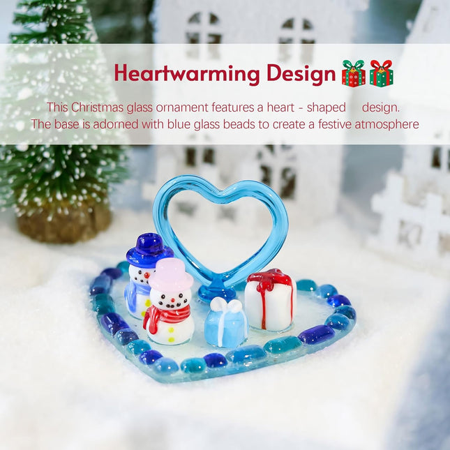 Christmas Snowman Figurine – Blue Blown Glass Ornament with Heart Base
