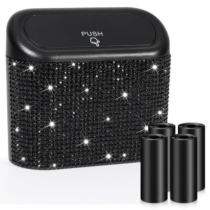 Bling Car Trash Can with Lid – Mini Auto Garbage Bin, 60 Bags, Black Rhinestone