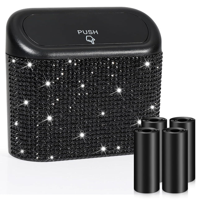 Bling Car Trash Can with Lid – Mini Auto Garbage Bin, 60 Bags, Black Rhinestone