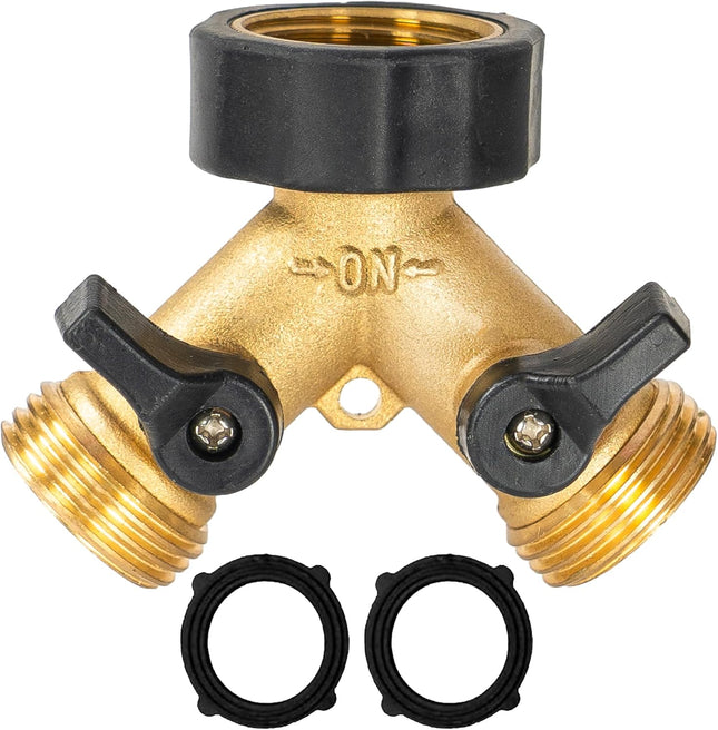 Brass Garden Hose Splitter 2-Way, 3/4" Tap Connector with 2 Valves