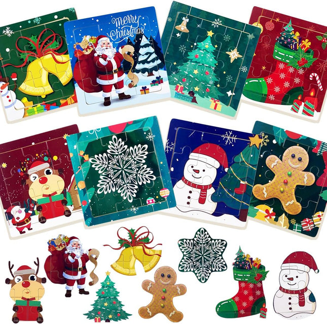 8-Pack Christmas Wooden Puzzles – 9-Piece Set for Toddlers & Kids’ Stocking Stuffers