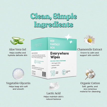 Her Fantasy Box Everywhere Wipes 100% Organic Cotton pH-Balanced 15 Count