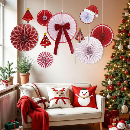 Christmas Hanging Paper Fans – Santa Hat with Gold Star Accents