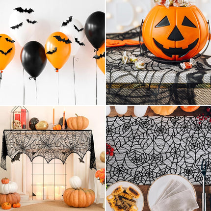 39-Piece Halloween Spiderweb Decor Set, Lace Tablecloth, Runner & Bat Stickers