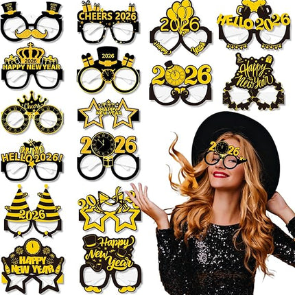 16-Piece NYE Glasses 2026 – Black & Gold Party Eyewear for Celebration