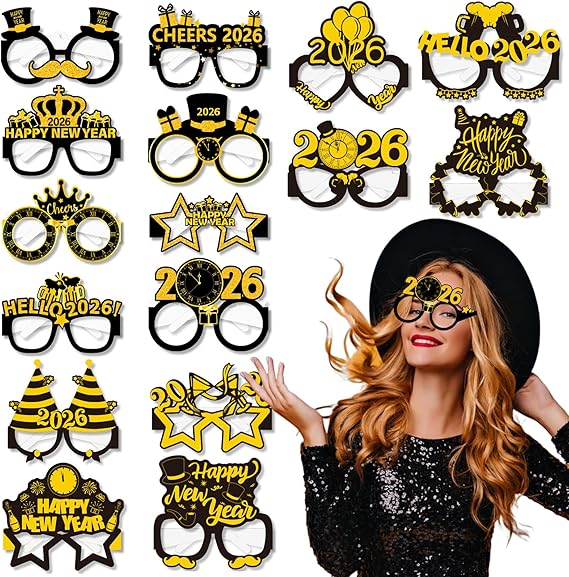 16-Piece NYE Glasses 2026 – Black & Gold Party Eyewear for Celebration