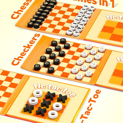 Magnetic Travel Chess Game Set with Checkers and Tic Tac Toe Family Fun
