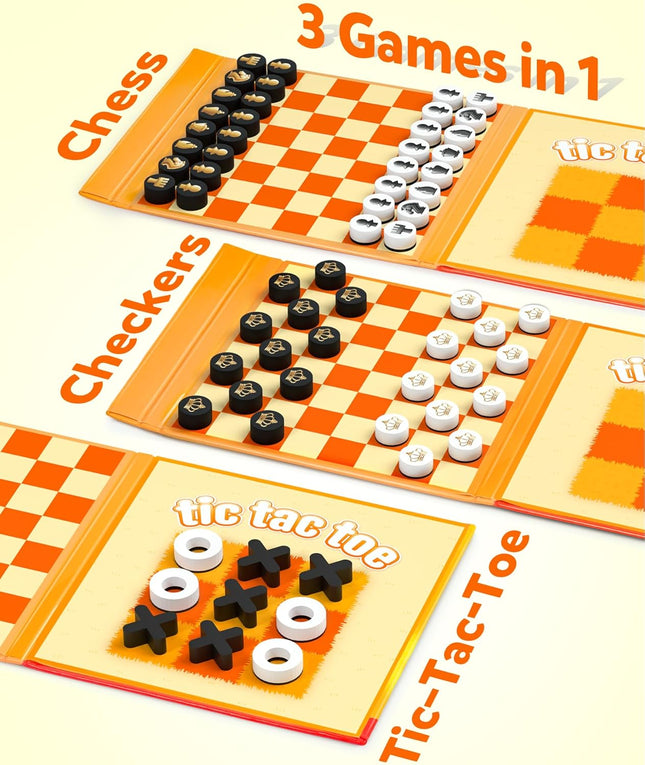 Magnetic Travel Chess Game Set with Checkers and Tic Tac Toe Family Fun