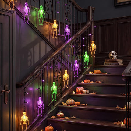 7FT 10LED Halloween Skull Curtain Lights, 15 Purple Bulbs, Plug-In Connectable Decor