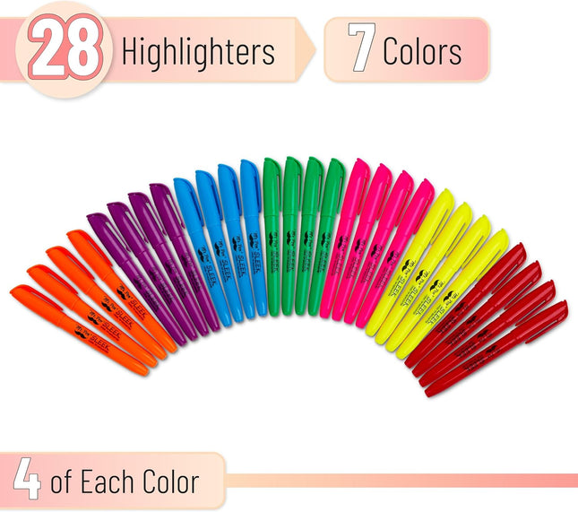 28 Pack Assorted Color Highlighters Chisel Tip Fluorescent Non Toxic Ink Set