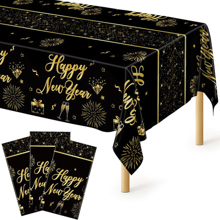 3-Piece NYE Table Covers – 108×54in Black & Gold Firework Tablecloths
