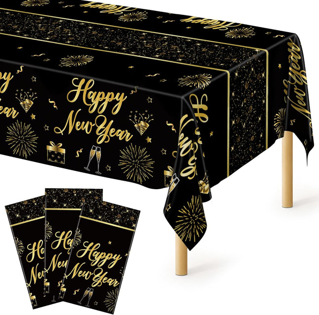 3-Piece NYE Table Covers – 108×54in Black & Gold Firework Tablecloths