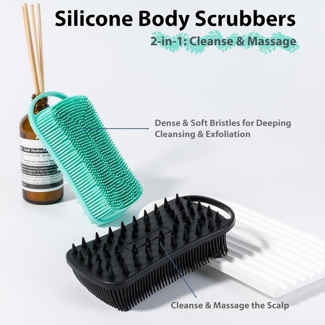 2PCS Silicone Body Scrubber, 2-in-1 Exfoliating Shower Loofah for Sensitive Skin