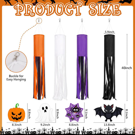 4-Piece Halloween Windsocks, Ghost Pumpkin Spider Bat Hanging Porch & Yard Decor