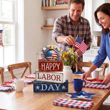 4 Pcs Labor Day Wooden Table Decor Patriotic Worker Block Centerpieces