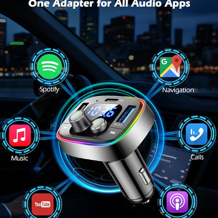 Bluetooth 5.4 FM Transmitter Car Adapter 48W Fast Charger Hands Free