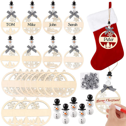 12PCS Christmas Hanging Wooden Name Tags – Snowman, Wooden Beads & Hollow Snowflake with Bows