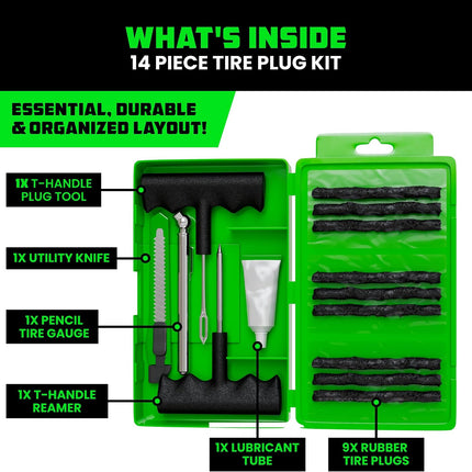 14-Piece Tire Plug Repair Kit, Heavy-Duty Tubeless Puncture Tool Set for Car ATV