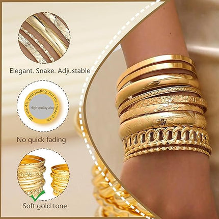 14K Gold Plated Bangles – Women’s Stackable Boho Multi-Layer Set