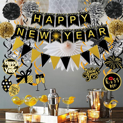 New Year Decorations Banner Pom Poms Triangle Flag Garland Set