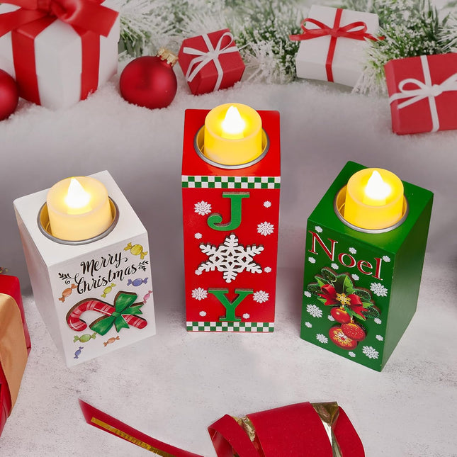 3 PCS Wood Candle Holders with LED Tea Lights, 3D Carved Xmas Centerpieces