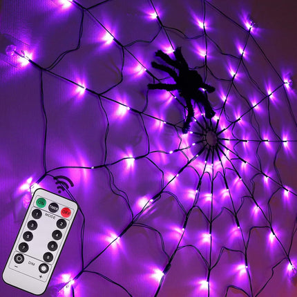 4FT Halloween Spider Web Lights, 70 LEDs, Black Spider, Remote, 8 Modes, Purple
