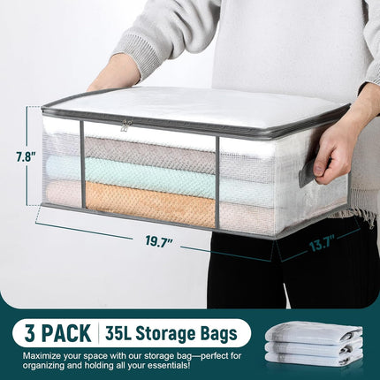 3 Pack 35L Clothes Storage Bags Foldable Blanket Organizer with Handles