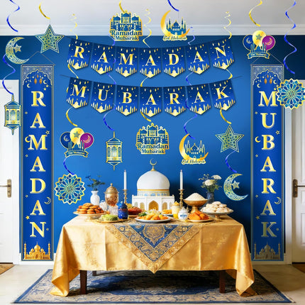 Ramadan Mubarak Decorations Set - Eid Mubarak Banner & Hanging Swirls for Home