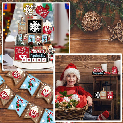 Christmas Wooden Sign Set – Tiered Tray Farmhouse Snowflake & Cocoa Table Decor