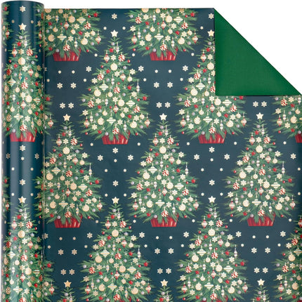 Holiday Wrapping Paper – 17"x33' Reversible Green Xmas Tree Gift Wrap Roll