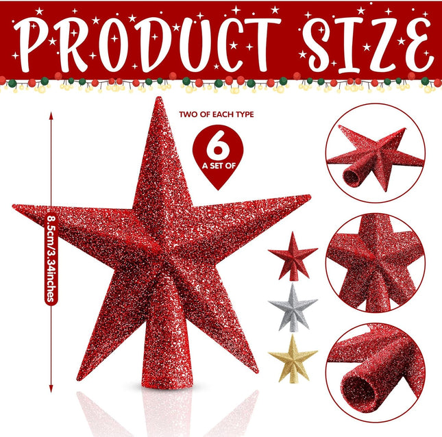 6 PCS Mini Christmas Tree Topper – 4" Glitter Star Ornaments (Silver, Red, Gold)