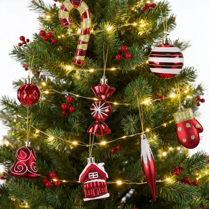 16 PCS Xmas Ornaments – Red & White Hanging Decorations for Tree & Home