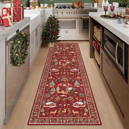 Red Christmas Tree & Santa Runner – 2'x8' Soft Non-Slip Holiday Rug
