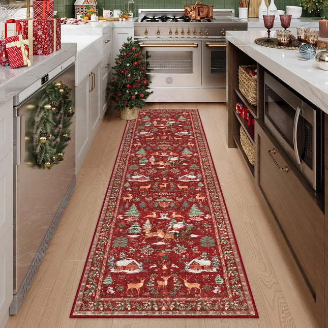 Red Christmas Tree & Santa Runner – 2'x8' Soft Non-Slip Holiday Rug