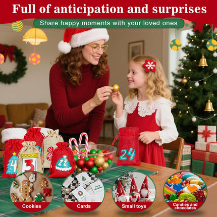 24PCS Christmas Advent Calendar Bags – Burlap Countdown Set with Drawstring & Clips